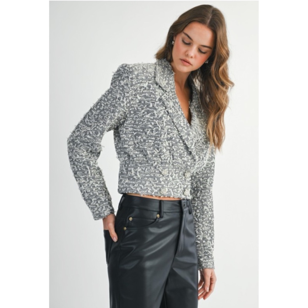 1074 • Black/White Confetti Tweed Crop Blazer Jacket w/Pearl Rhinestone Buttons - Picture 7 of 11